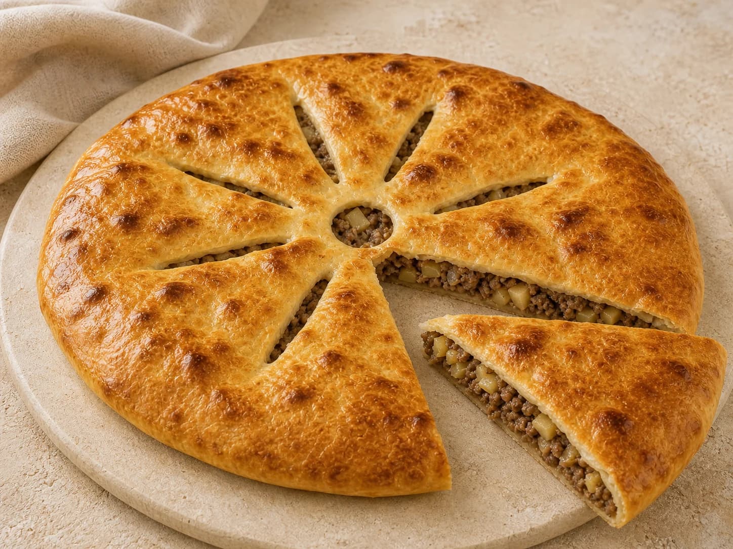Говядина, нежное тесто, перец молотый, лук, чеснок, картофель